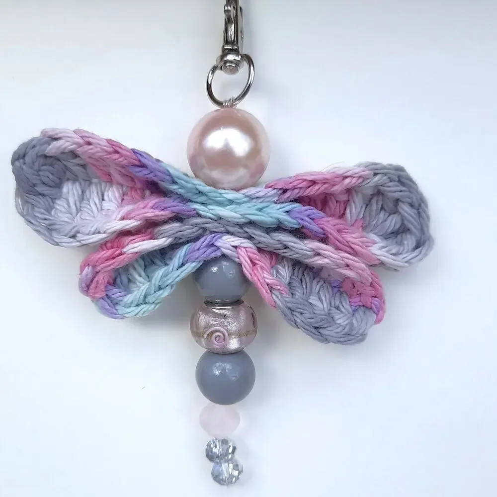 Crochet Winged Dragonfly Bag Charm Handmade Soft Pink Gray Beaded Purse Keychain